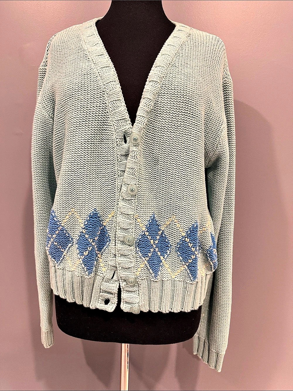 Argyle Button-Front Cardigan in Green & Blue Like New